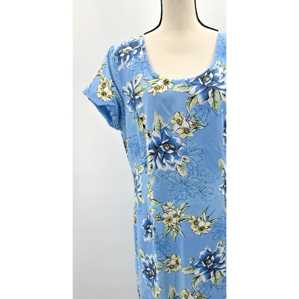 VTG Womens 14 Maxi Dress Silk Blue Floral Modest Short Sleeve Cottagecore Fairy
